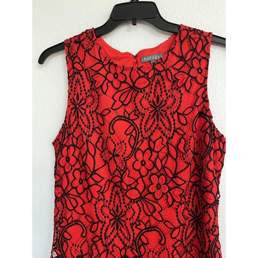 Sharagano Floral Lace Overlay Womens Cocktail Dress Size 14 Red Black Classic - Picture 4 of 13